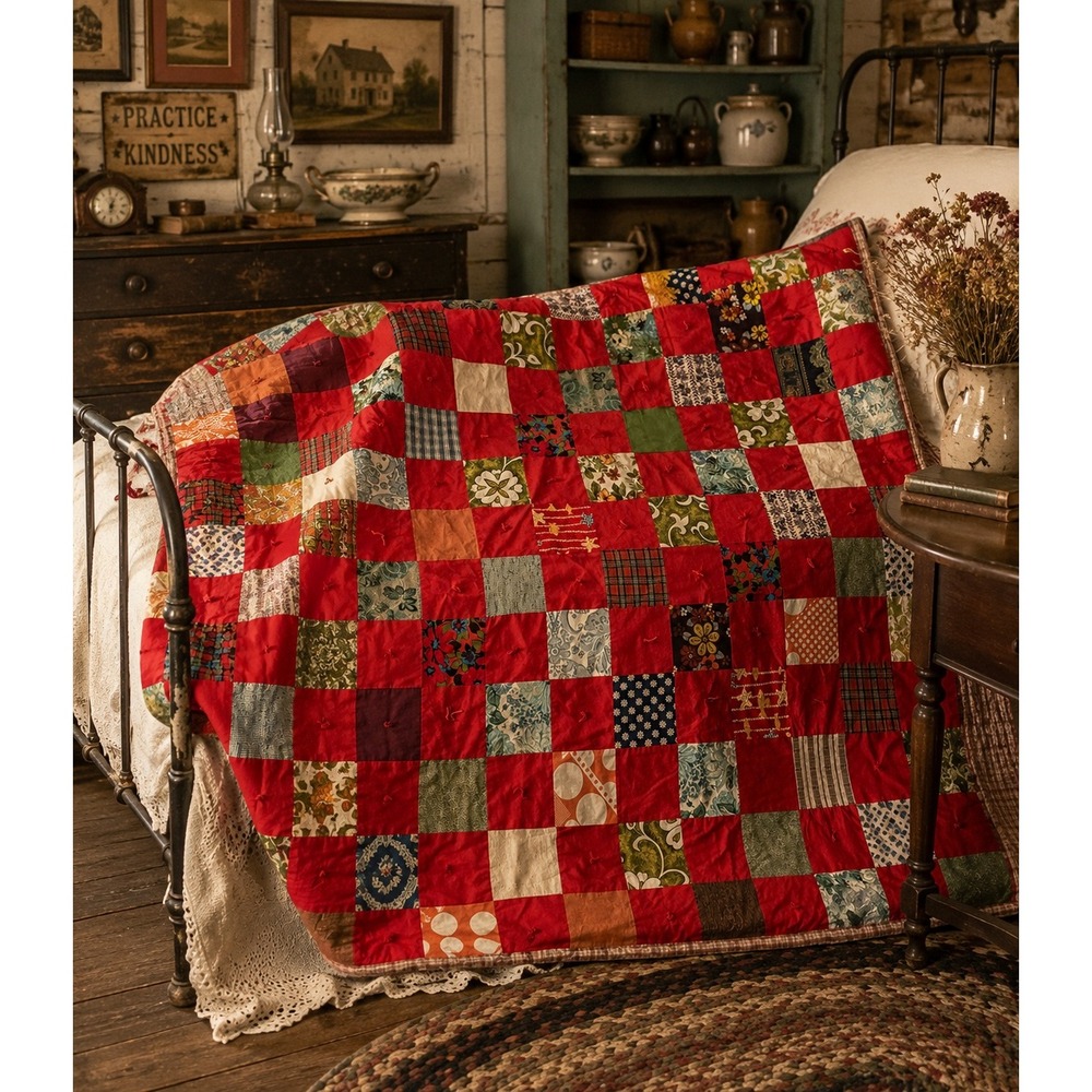 Vintage Handmade Patchwork Tied Quilt Red Floral Plaid Farmhouse Throw Blanket